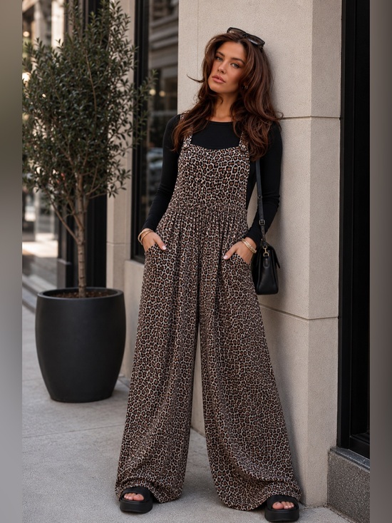 JODIFL Pants - JODIFL Leopard Print Overalls Slouchy Oversized W/ Side Pockets Taupe G4454-1
